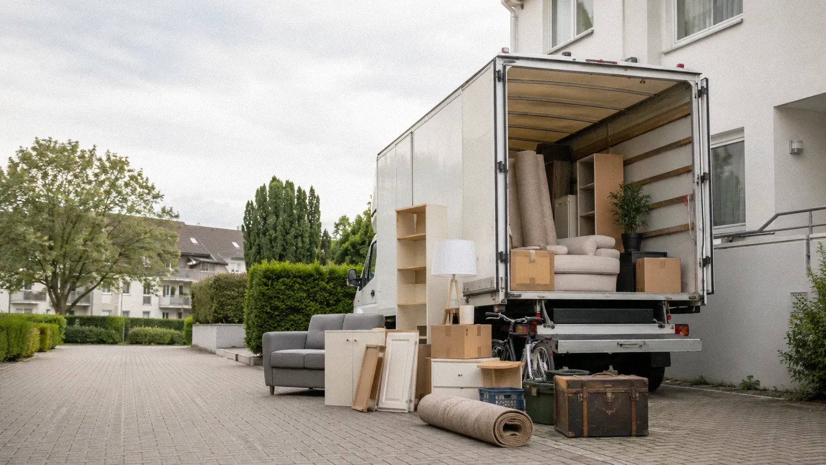 Transporter mit Möbeln und Kartons vor einem Wohnhaus